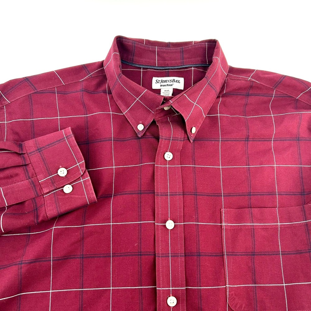 St Johns Bay Mens XL Iron Free Long Sleeve Button Shirt Maroon Windowpane Plaid